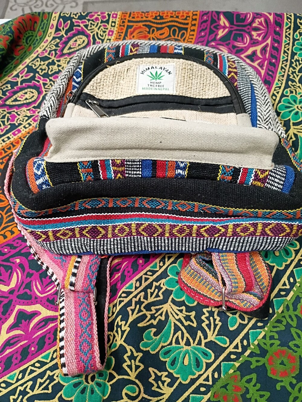NWOT Himalayan Cream Hemp Mini Backpack with Multicolor Accents - Picture 3 of 6